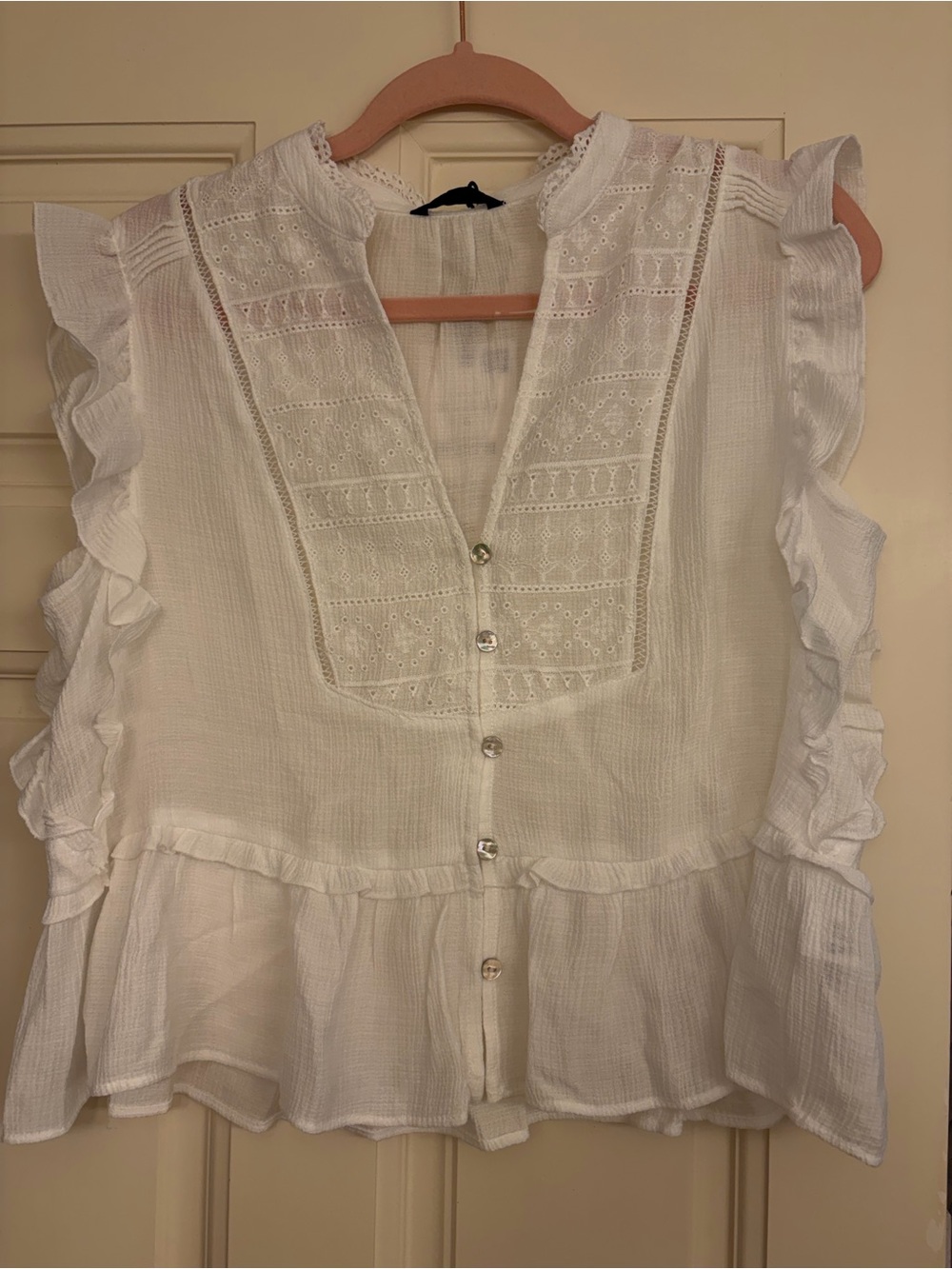 NWT ZARA Women’s White Ruffled Button-Front Embroidered Panel Blouse